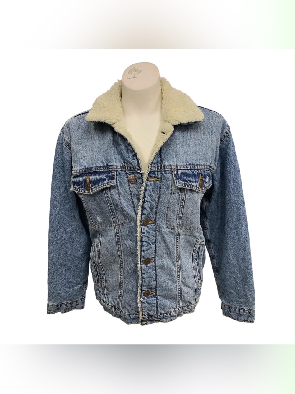 Zara NWT Light Blue Denim Sherpa Collar Jacket Size L